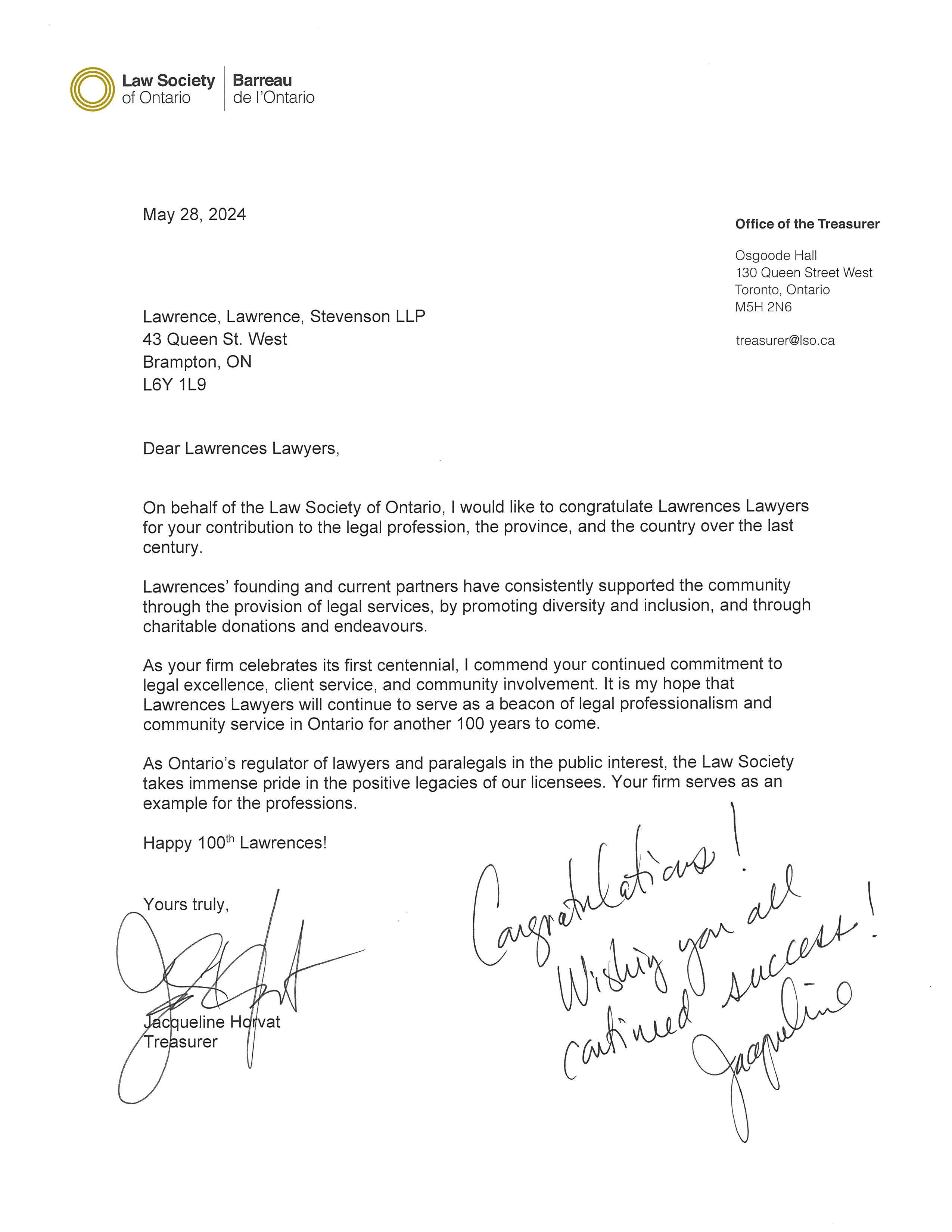 100 Year Anniversary Letter from the Law Society of Ontario